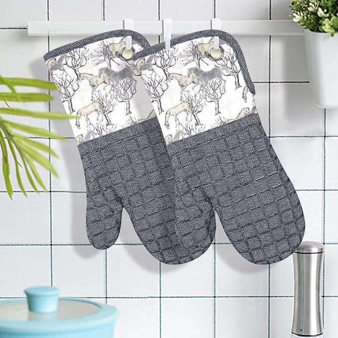 Silicone Printing Oven Mitts Heat Resistant to 500 Degree,Yarm-Dyed Oven Gloves with Animal Design Non-Slip for Kitchen Cooking Barbecue Baking and Machine Washable. (Gray Oven Mitts)