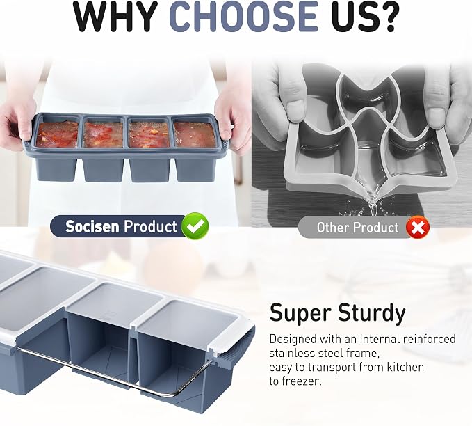 Silicone Freezer Tray with Lid Soup Freezer Container Molds with Steel Reinforced Rim Large Ice Cube Tray Makes 8 Perfect 1 Cup Portions Cubes Storage Food Meal Prep Containers Kitchen Mold