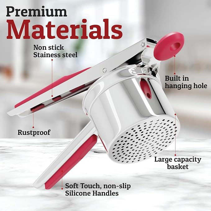 Large 15oz Potato Ricer Heavy Duty Stainless Steel Potato Masher and Ricer Kitchen Tool, Press and Mash Kitchen Gadget For Perfect Mashed Potatoes - Everytime (Red)
