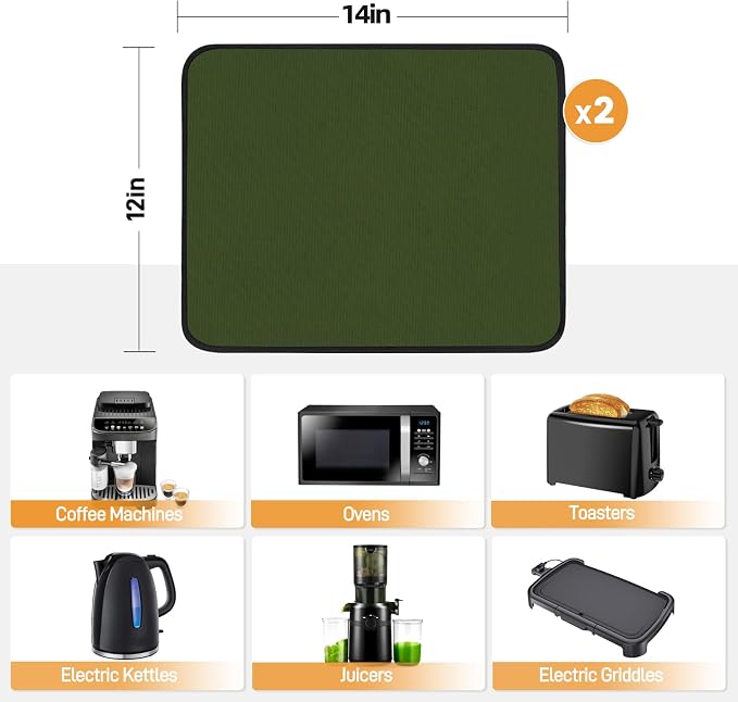 2 PCS Heat Resistant Mats for Countertop Air Fryer, 14x12in, Green | 1022 ℉ Fireproof mat, air fryer accessories for ninja, cosori, waterproof hot pads for kitchen toaster, oven, coffee maker