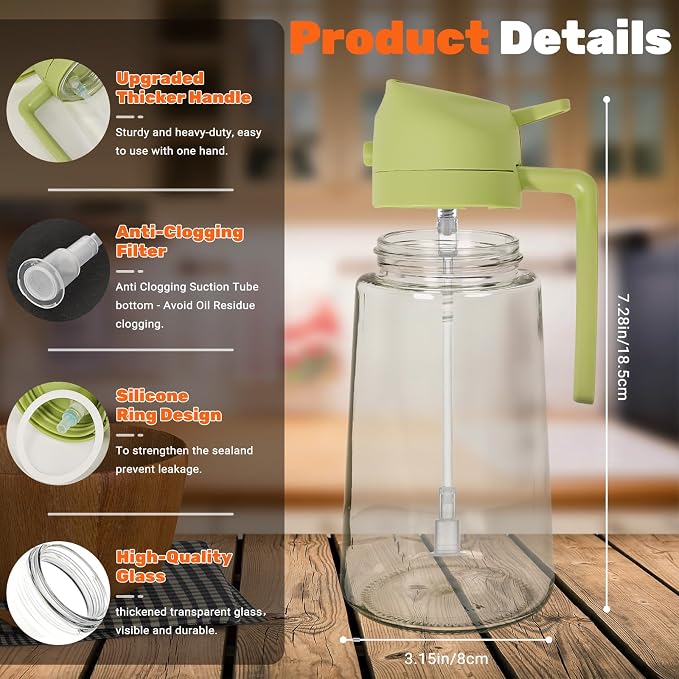 CJT 2 Pack Oil Dispenser Bottle for Kitchen, 2 in 1 Olive Oil Sprayer,16.5OZ/470ML Glass Oil Spray Bottle with Premium Nozzle for Cooking,Barbecue, Air Fryer, Salad(GREEN/WHITE)