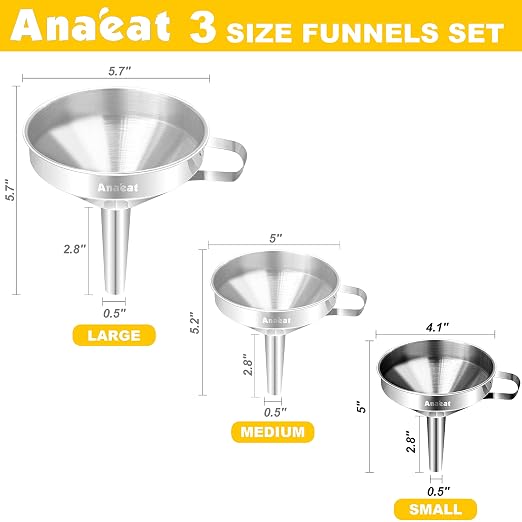 Anaeat Stainless Steel Kitchen Funnel, Multi-Use Premium Metal Food Grade Cooking Funnels with 2 Removable Strainer Filter for Transferring Liquid or Dry ingredients, Oils & 1 Pc Cleaning Brush (4.1")