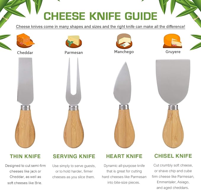 M MH ZONE Bamboo Cheese Board Set (Upgrade Type 16" x 13") Charcuterie Board with 4 Specialist Stainless Steel Knife and Ceramic Dish, Perfect Christmas Gifts for Family, Friend or Lover