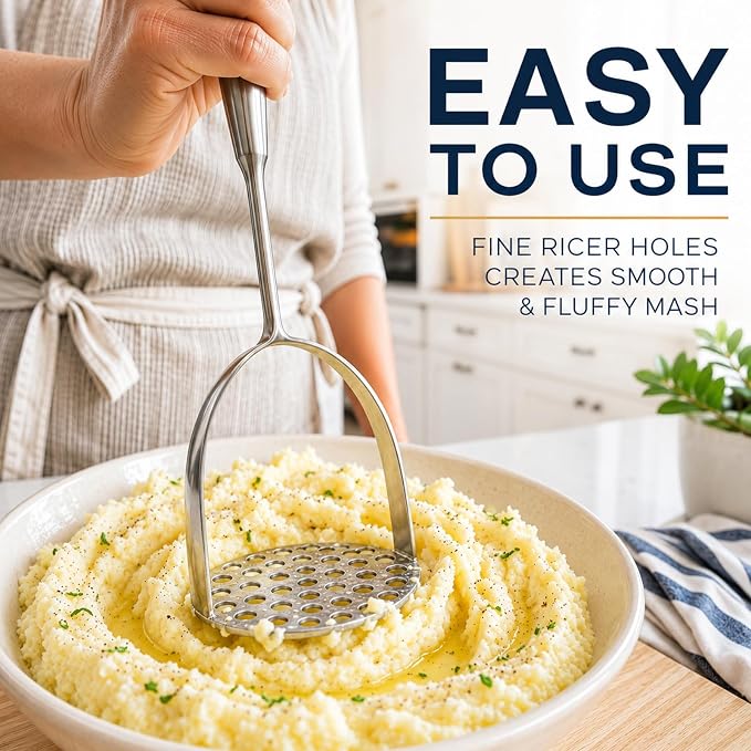 304 Stainless Steel Potato Masher – Heavy-Duty [Rustproof, Heat Resistance, Integral Forming] Dishwasher Safe Masher for Smooth & Fluffy Mashed Potatoes, Avocados – Sturdy, Durable Design