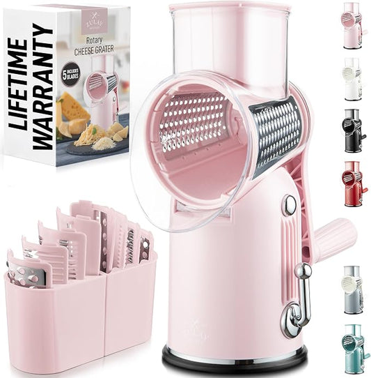 Zulay Kitchen Rotary Cheese Grater 5 Blade Cheese Shredder - Manual Hand Crank Cheese Grater With Reinforced Suction & 5 Interchangeable Drums - Easy to Use, Vegetable Chopper Round Mandoline Slicer