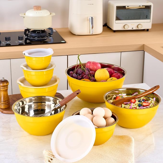 Yellow Mixing Bowls with Lids Set of 7, Stainless Steel Nesting Bowl with Khaki Lid for Non-slip Mixing Prepping Storing Serving, 7 Sizes-7/3.6/2.7/2.1/1.5/1/0.8 QT