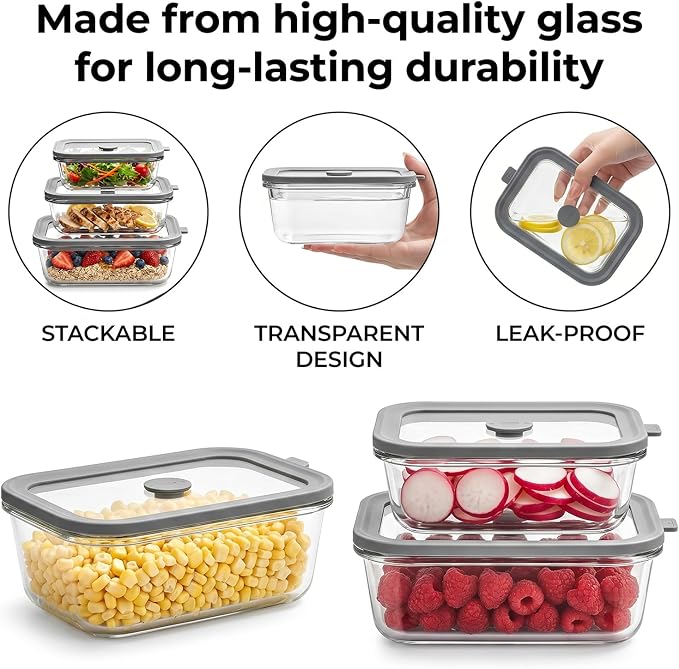 12 Pack Multi-Size Glass Food Storage Containers with Glass Lids | 4 × 33oz, 4 × 21oz, 4 × 13oz Glass Meal Prep Containers with 5 Small Sauce Jars for Microwave/Oven/Freezer/Dishwasher, Grey