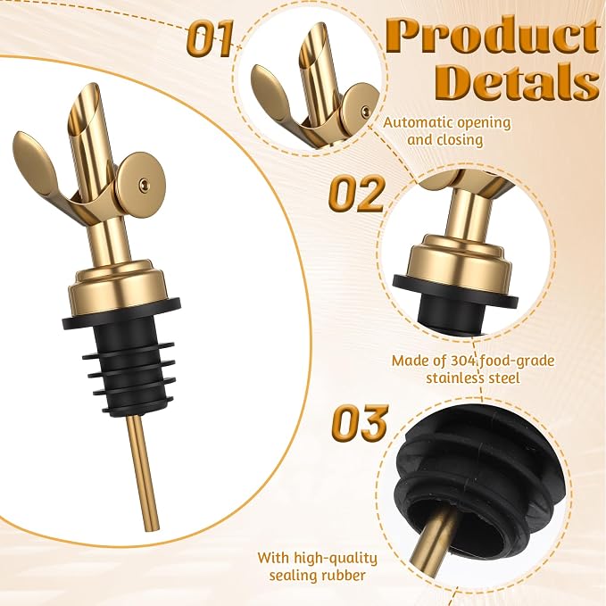 2 PCS Oil Spout, Olive Oil Pour Spout, Self Closing Liquor Bottle Pourers, Weighted Stainless Steel PourerSpout, Vinegar, Syrup, Gold and Silver