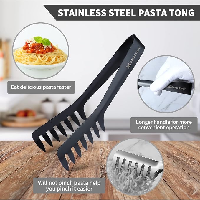 MSY BIGSUNNY 8-Inch Pasta Tongs, Stainless Steel Food Serving Tongs, Rust-Proof Spaghetti Tongs (Set of 2, Black)