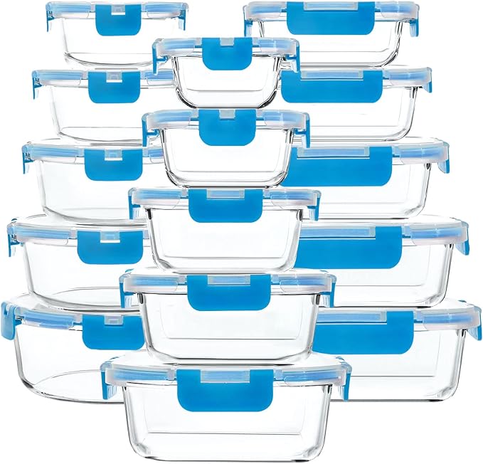 M MCIRCO 30 Piece Extra Large Glass Food Storage Containers with Lids, Blue | Glass Meal Prep Containers,Airtight Lunch Containers with Lids, Microwave, Oven, Freezer and Dishwasher Friendly, BPA Free