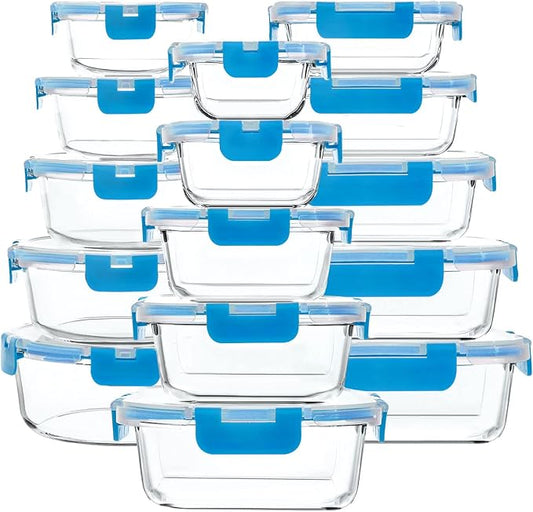 M MCIRCO 30 Piece Extra Large Glass Food Storage Containers with Lids, Blue | Glass Meal Prep Containers,Airtight Lunch Containers with Lids, Microwave, Oven, Freezer and Dishwasher Friendly, BPA Free