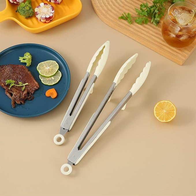 Silicone Kitchen Tongs, 3Pcs Tongs for Cooking with Silicone Tips, Food Grade Small Tongs, Mini Serving Tongs for BBQ Salad, White, 7"+9"+12"