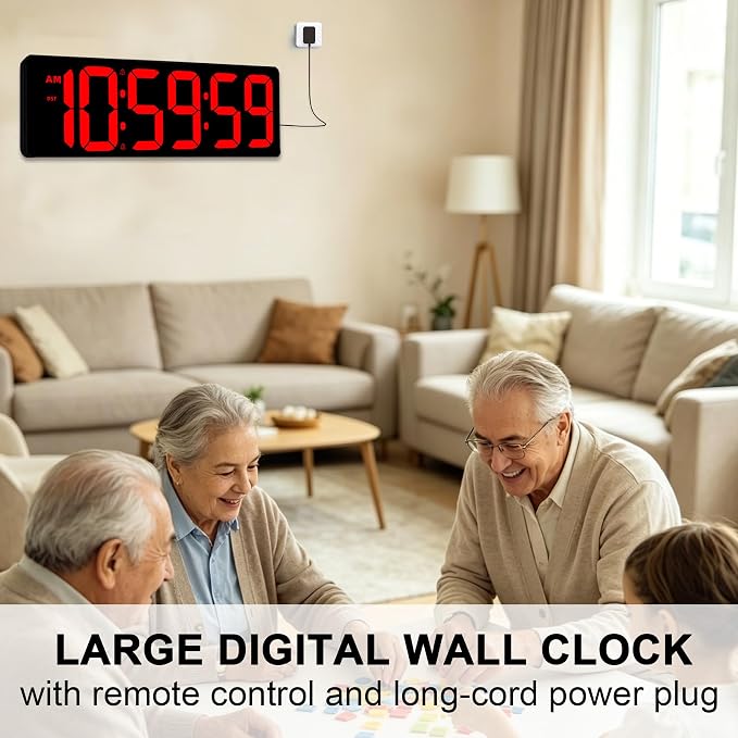 TXL 17.2" Large Digital Timer Clock, Countdown Timer for Classroom Home Gym Kitchen Office, LED Wall Clock with Remote Control, 4 Dimmable Brightness, 12/24H, Auto DST(Red)