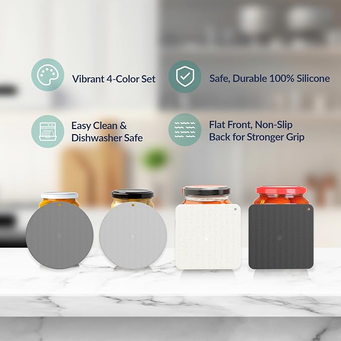 NiHome Jar Opener Gripper Pads, 6in Silicone for Seniors, 4-Pack | Multiple Neutral Colors & Set Options, Palm-Textured with Hang Holes, Square and Round Shapes, Dishwasher Safe Coaster