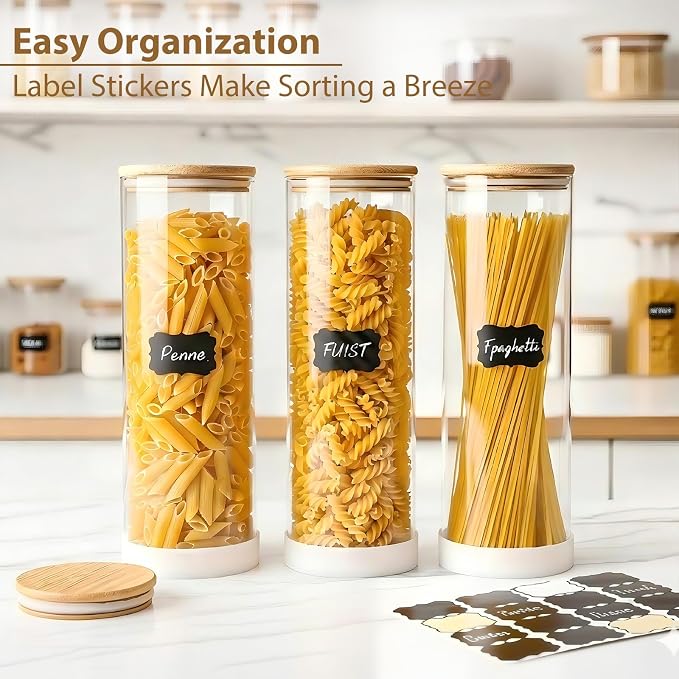 73oz Glass Spaghetti Pasta Containers for Pantry Organization, 3-Pack Large Airtight Food Jars with Bamboo Lids and Protective Silicone Base, Clear Storage Canisters for Flour, Cereal, Rice