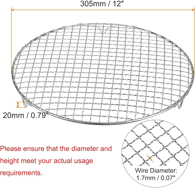 HARFINGTON Round Cooking Rack 12-inch 201 Stainless Steel Cross Wire Barbecue Grill Net with 20mm Legs for Cooking Baking Steaming BBQ