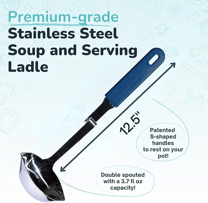 Souper Cubes + Lori Greiner No Mess Stainless Steel Soup Ladle with Silicone Handle - Metal Soup Ladle with No Mess Design That Hooks on Side of Any Pot - Blueberry