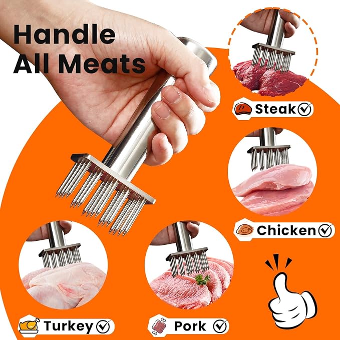 304 Stainless Steel Meat Tenderizer Tool with 18 Sharp Needles, Solid Needle Meat Tenderizer One-Piece Design, BBQ Marinade Gadgets for Steak, Beef, Chicken, Pork, Dishwasher Safe