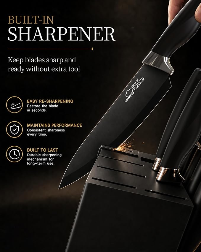 Amorston Knife Set, 15 Piece Kitchen Knife Set with Block and Built in Sharpener, German Stainless Steel Dishwasher Safe Knife Block Set, Black Kitchen Knives Set for Home Cooking