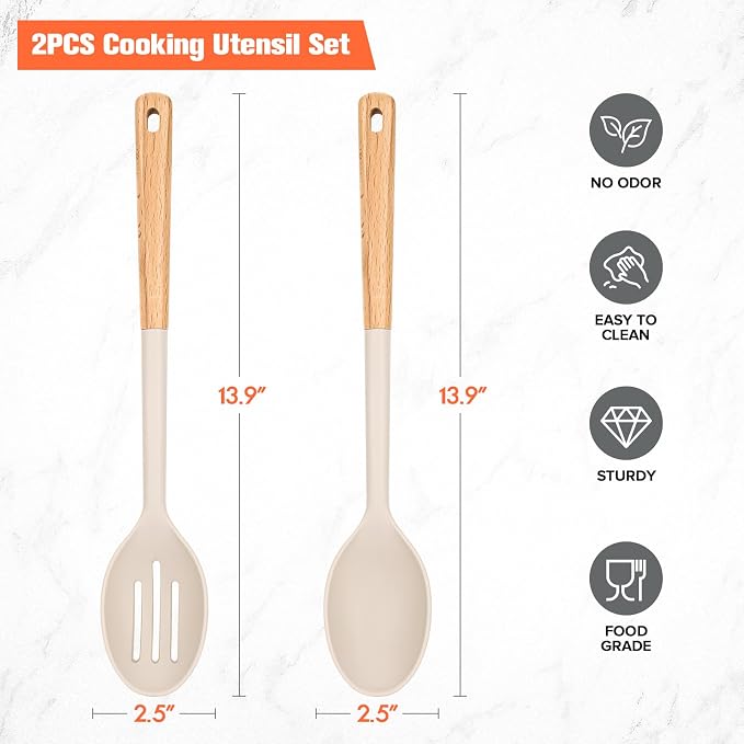 2 Pack Silicone Cooking Spoons, BPA Free, Wooden Handle Heat Resistant Solid & Slotted Spoons for Nonstick Cookware, Suitable for Scooping, Serving and Mixing (Khaki)
