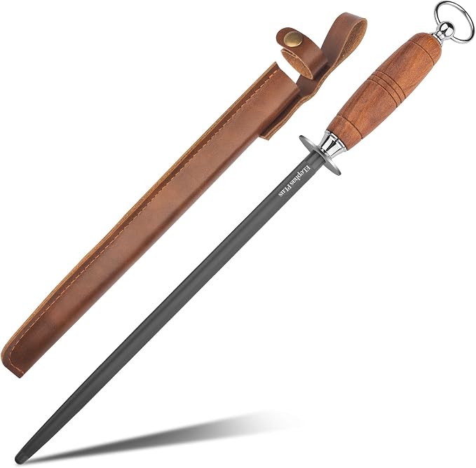 12IN Sharpening Steel with Solid Wood Handle Professional Honing Rod Knife Sharpener, High Carbon Steel Knife Sharpener Rod, Ideal for All Chef Knives