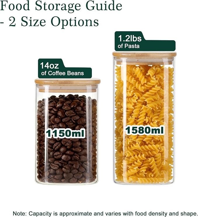 LIBWYS 8-Pack Glass Pantry Storage Jars with Bamboo Lids (1.22Qt/1.67Qt) | Stackable Square Food Containers for Pantry Organization, Coffee, Flour, Snacks, Tea, Sugar | Dry Food Kitchen Canisters Set