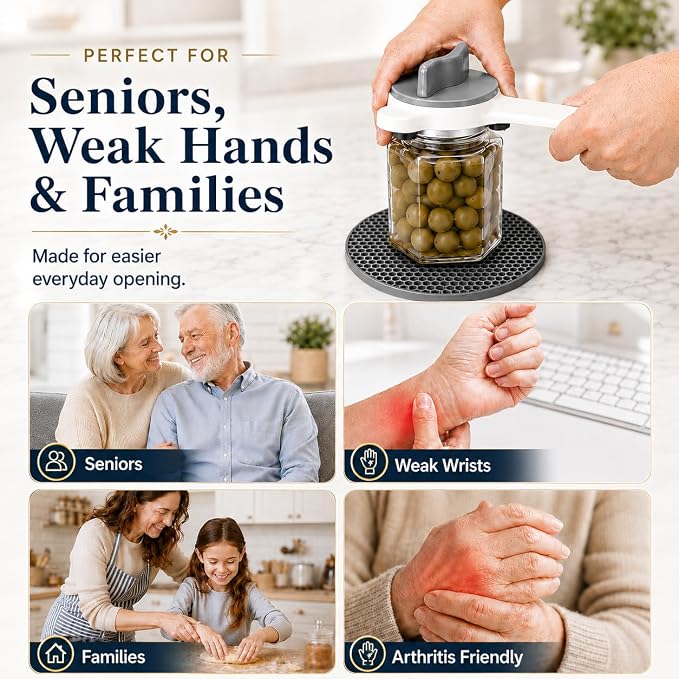 Jar Opener for Seniors with Arthritis & Weak Hands, 4-in-1 Adjustable Lid & Bottle Opener Set with Non-Slip Silicone Grip Pad & Stainless Steel Hook, Easy Twist Kitchen Gadget for Elderly (Grey)