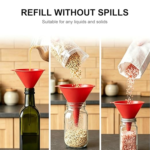 Plastic Kitchen Funnel Set of 3 with Brush – BPA Free Food Grade Funnels for Filling Canning Bottles Oil, Multifunctional for Cooking Lab Automotive, Red