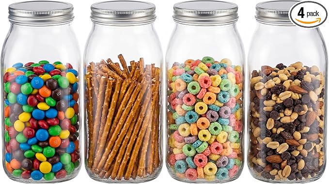 novelinks 64 oz Large Plastic Mason Jars with Airtight Lids Wide Mouth | 4 Pack, Silver, Storage Jars with Airtight Lids, Mason Jars 64oz, Big Jars Wide Mouth, Plastic Storage Containers for Pantry