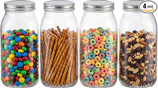 novelinks 64 oz Large Plastic Mason Jars with Airtight Lids Wide Mouth | 4 Pack, Silver, Storage Jars with Airtight Lids, Mason Jars 64oz, Big Jars Wide Mouth, Plastic Storage Containers for Pantry