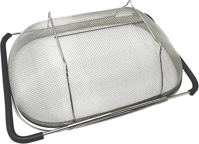 Over The Sink Stainless Steel Oval Colander with Expandable Rubber Grip Handles Strainers, Fine Mesh Strainer Basket Kitchen 6 Quarts Colander for Strain, Drain, Rinse Fruits, Vegetables