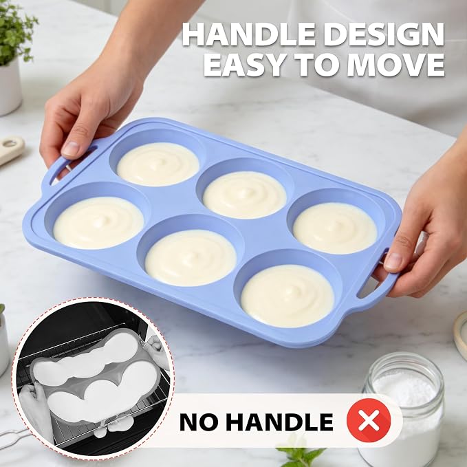 Nonstick Silicone Muffin Top Pan: 2 Pcs 6-Cavity 4 Inch Jumbo Silicone Egg Mold with Metal Frame for Baking Breakfast Sandwich Hamburger Buns Whoopie Pie Egg Bites - Easy Clean Oven Safe - Light Blue