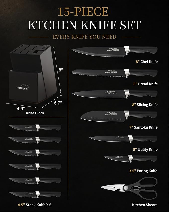 Amorston Knife Set, 15 Piece Kitchen Knife Set with Block and Built in Sharpener, German Stainless Steel Dishwasher Safe Knife Block Set, Black Kitchen Knives Set for Home Cooking