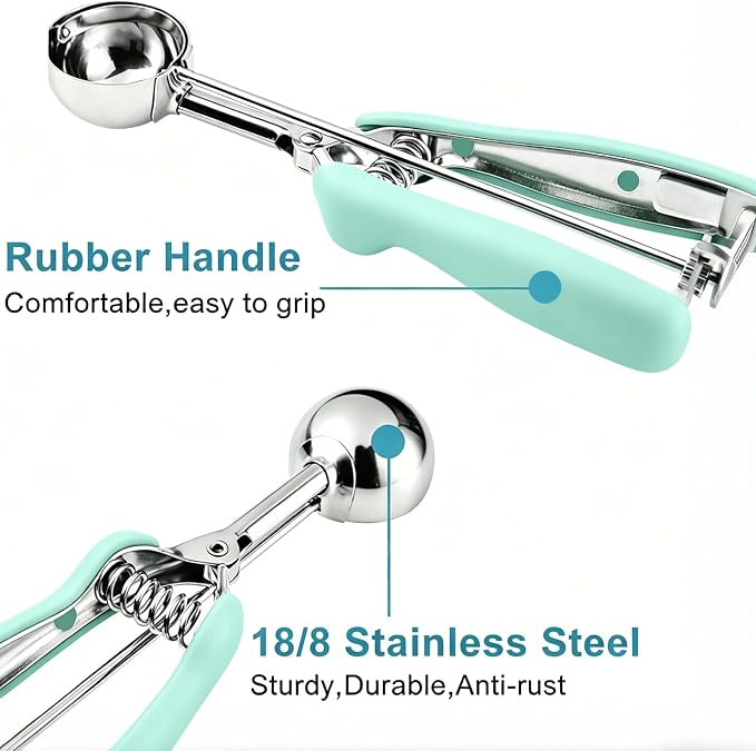 HOMURE H Cookie Scoop Set, Include 1 Tbsp/2 Tbsp/3 Tbsp, Cookie Dough Scoop, Cookie Scoops for Baking Set of 3, Mellon Baller Scoop, Mint Handle, Non-Slip, For Cookies Cupcake Muffin Ice Cream waffle