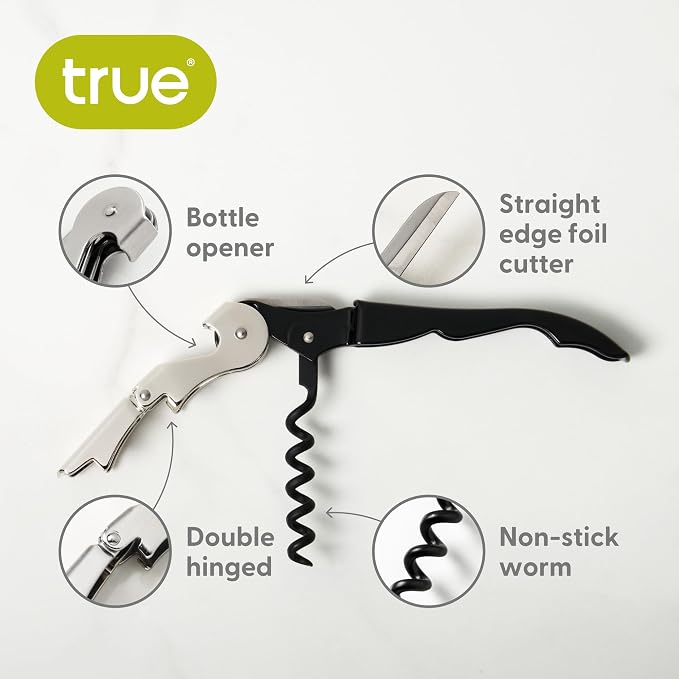 True Truetap Double Hinged Waiter's Corkscrew Wine Opener, Stainless Steel Wine Bottle Opener with Built In Foil Cutter, Home Bar Tools, Bar Cart Accessories, Wedding Gifts, Set of 1, Black Silver