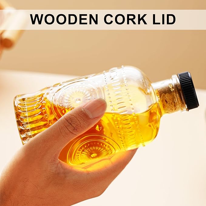 gegewawa Oil Bottle Set of 2, 7 oz Glass Dispensers with Metal Pourers | Embossed nonslip bottles include airtight stoppers, silicone caps and a funnel for pouring cooking oil, vinegar or syrup