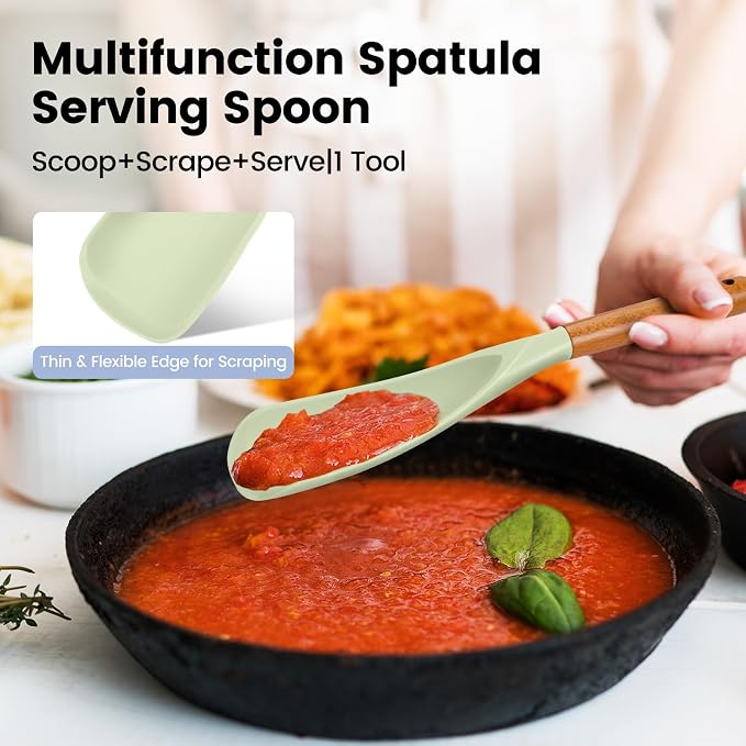 Large Silicone Cooking Spoons Set, 2 Pcs Non Stick Serving Spoon, Multifunction Big Flat Spatula Spoon, Kitchen Heat Heat Resistant Cucharras de Silicona for Mixing, Scooping, Scraping, Stiring