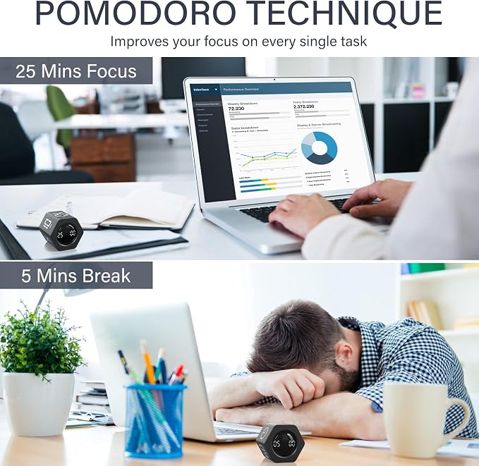 Rotating Pomodoro Timer 5, 25, 10 30,60 Mins Preset Stopwatch, Desk Flip ProductivityTimer, ADHD Tool Hexagon, Vibration/Mute/Alarm, for Work, Study, Back to School, Kitchen, Black