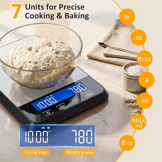 Letron Food Scale, 33 lb / 0.1 oz High Precision Kitchen Scale for Sourdough Bread, Built-in 7 Units, Timing & Tare Function, Rechargeable Digital Kitchen Scale for Food, Baking, Cooking, White