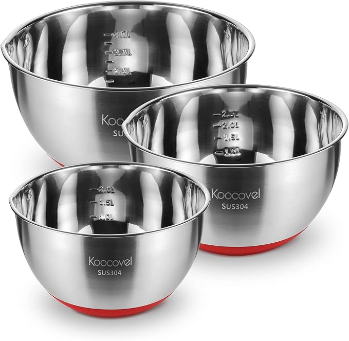 Metal Mixing Bowls Set Stainless Steel, Non Slip Mixing Bowls(Set of 3) | Salad Bowl with Pour Spout, Nesting Design& Dishwasher-Safe