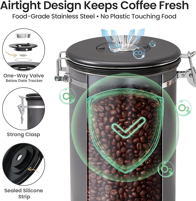 Veken Coffee Canister,39OZ, 2.2lbs,Large Airtight Stainless Steel Container | Kitchen Food Storage Jars for Beans,Ground, Espresso, Rice,Tea, Sugar,Cookie, Bar Accessories,Gifts, Scoop, Gray
