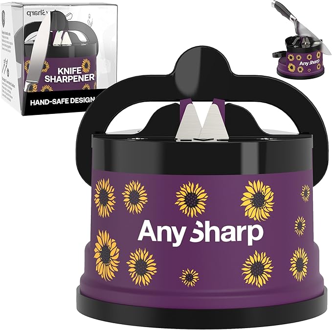 AnySharp – Editions – Hands Free Knife Sharpener - Easy to Use Sharpening Tool w/PowerGrip Suction Base and 20-Degree Pre-Set Angle - for All Knives: Chef's, Serrated, and Hardened Steel - Sunflower
