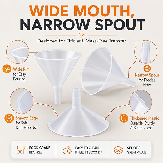 CYEAH 8 Pcs Plastic Funnels, 6 Inch Wide Mouth Large Funnel, Clear Plastic Filter Funnel Liquid Transfer Funnels for Filling Bottles, Liquid, Spices, Powder, Lotion, Oils