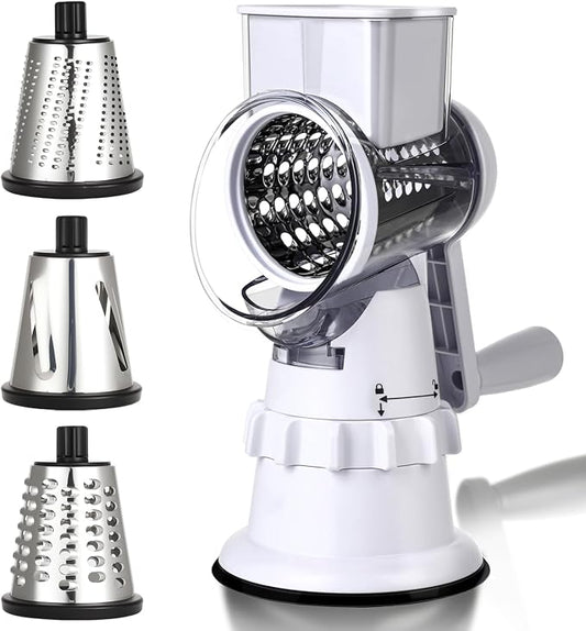 Rotary Cheese Grater Hand Crank, Vegetable Slicer with 3 Blades, Stable Suction, Labor-Saving Handle, Cheese Shredder for Potato Vegetables Nuts Chocolate, White