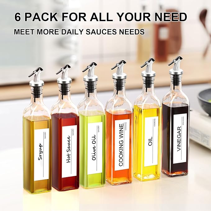gmisun Olive Oil Dispenser Bottle, 6 Pack Oil Dispensers Bottles for Kitchen, Cooking Vinegar Dispenser Set, Glass Container Cruet-Pourer Spout, Funnel and Labels