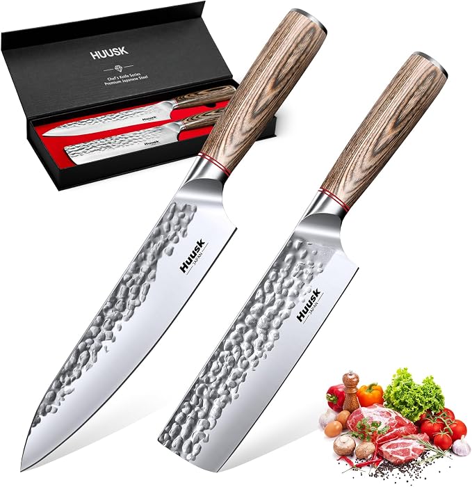 Huusk Japanese Kitchen Knife Set of 2 - Professional Chef Knives Set for Kitchen, Hand Forged Nakiri Vegetable Chopping Knife, Meat Cleaver Knife Set for Meat Cutting, Fathers Day Gift Idea for Dad