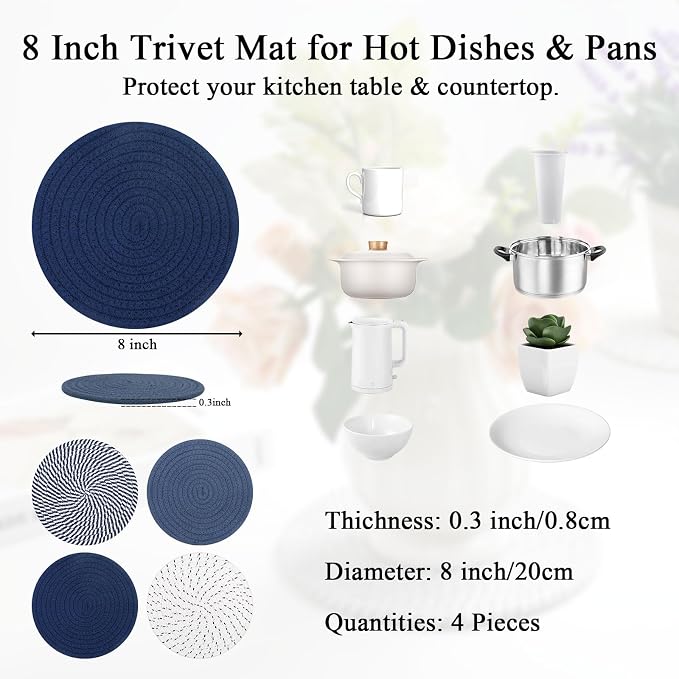 SHACOS 8 Inches Trivets for Hot Dishes, 4 Pieces Cotton Trivets Mats for Kitchen, Hot Pads for Countertops and Table, Heat-Resistant Pot Holders for Hot Pots and Pans(Blue, 4pcs)