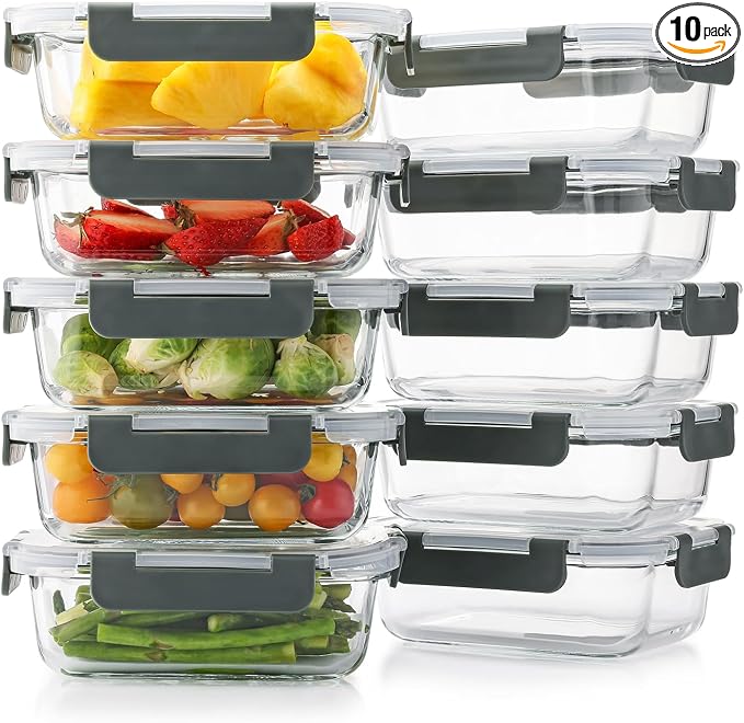 Cuiselect 10 Pack 22 Oz Glass Meal Prep Containers with Lids, Reusable Glass Food Storage Containers with Lids, Microwave, Oven, Freezer and Dishwasher Safe (Gray)