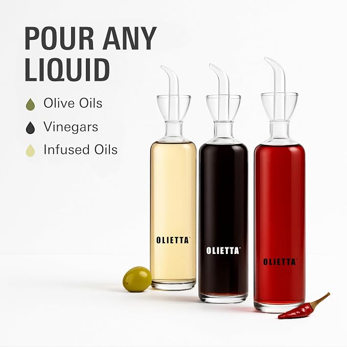 Olive Oil Dispenser Bottle 4.2 fl oz - Borosilicate Glass Non-Drip Pourer | Olietta Ground-Glass Seal, Leakproof Airtight, Dishwasher Safe, Oil Bottle for Kitchen, Table, Vinegar Drizzler, Easy Clean