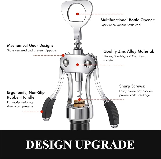 KORCCI Wine Opener, Heavy-Duty Zinc Alloy Wing Corkscrew, Premium Beer Bottle Opener, Multifunctional Wine Accessories with Ergonomic Handle and Sharp Screw, for Kitchen, Bar, Restaurant (SILVER)